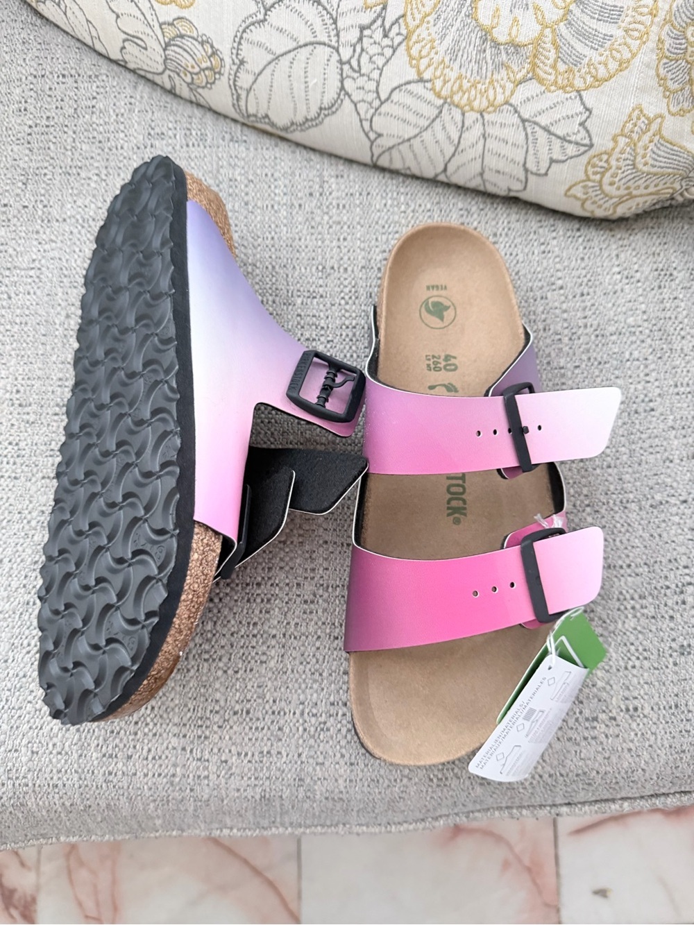 NWT Birkenstock Arizona Narrow Fit Birko Flor Vegan Ombre Pink/Purple sz 40 - Picture 4 of 5